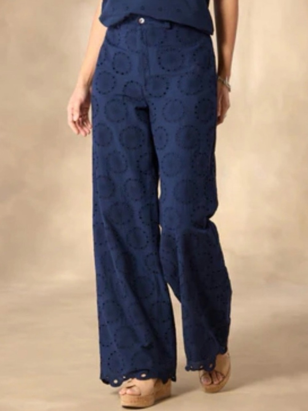 SUNDANCE Navy Blue Eyelet Cutwork Embroidered Cotton Wide Leg Pants Boho 16